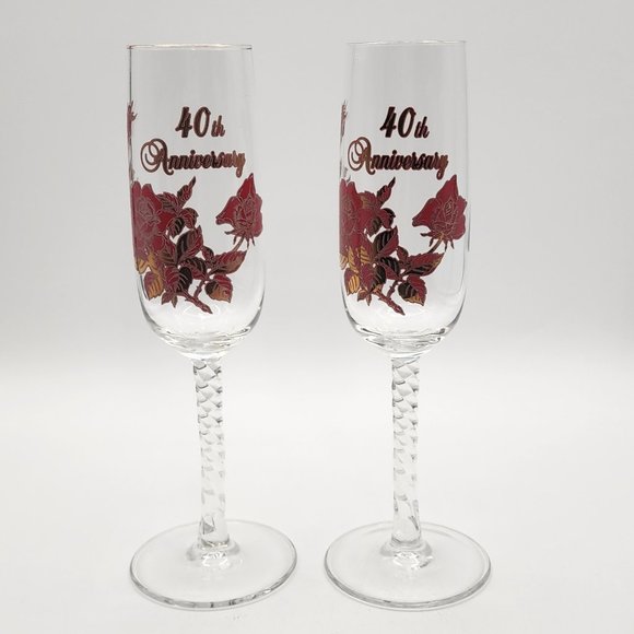 Vintage Banawe Canada 40th Anniversary Champagne/ Wine Glass Flute Rare Red Rose - Picture 1 of 9